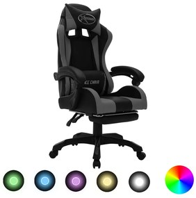 Cadeira estilo corrida luzes LED RGB couro artif. cinza/preto