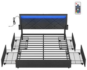 Estrutura de cama de casal 160 x 200 cm com LED e 4 gavetas e estação de carregamento cinzento ardósia-preto mate