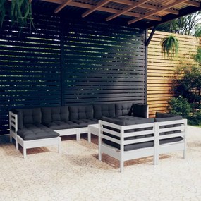 vidaXL 10 pcs conj. lounge de jardim c/ almofadões pinho maciço branco