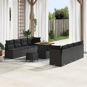 Conjunto de Sofá de Jardim vidaXL 11 Peças com Almofadas Preto Vime PE Acácia