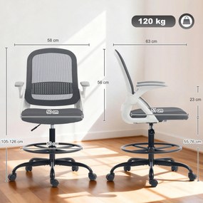 Cadeira de Escritório em Malha Cadeira de Desenho com Apoios de Braços Rebatíveis Altura Ajustável Apoio para os Pés Cinzenta