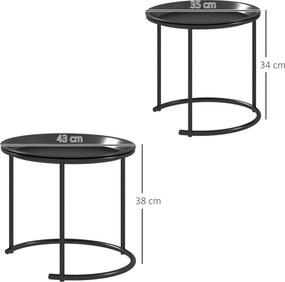 Conjunto de 2 mesas de centro redondas encaixáveis com tampos removíveis, estilo industrial, em aço, Ø 43 e Ø 35 cm, preto
