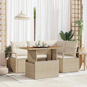 Conjunto de Sofá de Jardim vidaXL de 5 Peças com Almofadas Bege de Rattan Poliéster