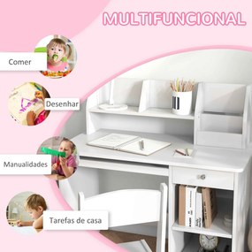 Conjunto de Secretária e Cadeira para Crianças com 2 Gavetas e Compartimento para Dormitório Sala de Estudo Branco