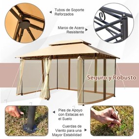 Pérgola com rede amovível Estrutura de aço duplo para churrasco Picnic Casamento 3,9 x 2,9 m ) Castanho