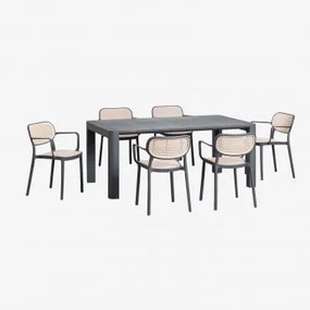 Conjunto De Mesa Retangular 180x100 Cm Arnadine E 6 Cadeiras De Jantar Empilháveis Com Apoios De Braços Em Polipropileno Omara Cinza Grafito - Sklum
