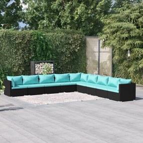 vidaXL 9 pcs conjunto lounge de jardim c/ almofadões vime PE preto