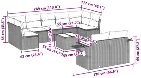 10 pcs conj. sofás jardim com almofadões vime PE cinzento-claro