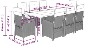 9 pcs conj. jantar jardim c/ almofadões vime PE bege misturado