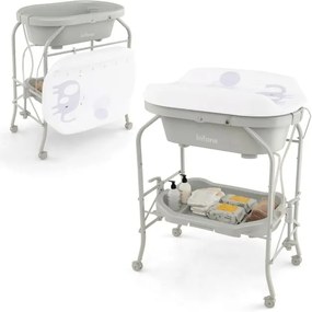 Troca-fraldas com banheira dobrável e portátil para bebés com bandeja de armazenamento e 4 rodas universais com travas, carga 35 kg, cinza