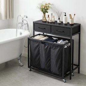 Cesto para Roupa Suja com Rodas, 80 x 32 x 77 cm, Três Compartimentos, Preto