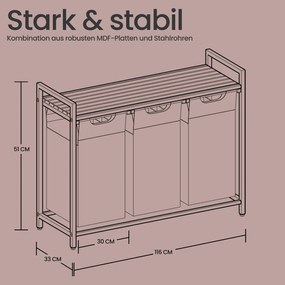 Cesto para roupa suja com 3 compartimentos e prateleira de 114 L, 92,5 x 33 x 72 cm preto + cinzento