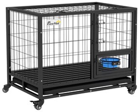 PawHut Gaiola para Cães com Parte Superior Rebatível Suporte de Tigelas Bandeja Amovível Rodas e Porta Dupla 92x62x73 cm Preto