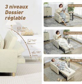 Poltrona-Cama Convertível de 1 Lugar, 85,5 x 74 x 82 cm, Transformação 3 em 1, Bege