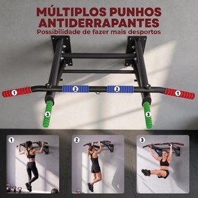 Barra de Elevações de Parede Dobrável com 3 Argolas para Bandas de Resistência, Pegas Antiderrapantes, Carga 120 kg