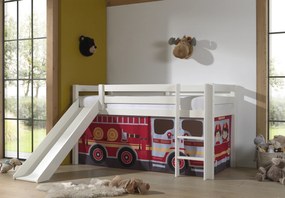 Cama alta de Criança PINO 90 x 200 cm + estrado + escada + escorrega + cortina Bombeiros Branca