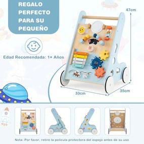 Andarilho de Madeira para Bebés Centro de Atividades de Aprendizagem para Empurrar e Puxar Azul
