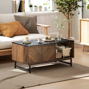 Mesa de centro, mesa de sala, tampo com efeito de mármore, 2 portas e 2 compartimentos abertos, 100 x 50,8 x 45,7 cm, cor nogueira