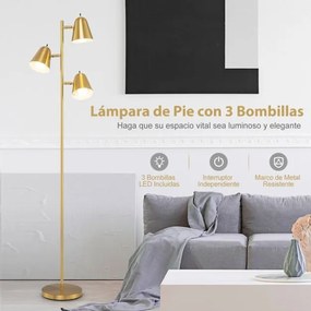 Candeeiro de pé em forma de árvore com 3 lâmpadas e abajures ajustáveis Mastro de metal e base pesada Dourado