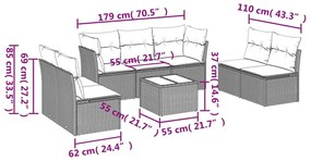 8 pcs conjunto sofás de jardim c/ almofadões vime PE castanho