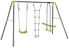 HOMCOM Conjunto de Baloiços 3 em 1 para Crianças acima de 3 Anos Baloiços e Escada de Corda 295x138x175 cm Cinza e Verde | Aosom Portugal