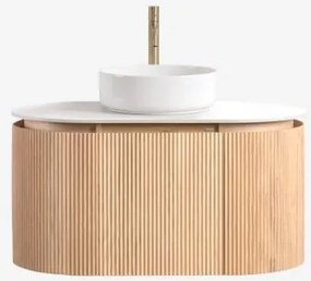 Conjunto De Móvel De Casa De Banho Suspenso 90x50 Cm Em Madeira Carsone Madeira Natural & Sem Unidade Auxiliar & Cerâmica Redonda Branca - Sklum