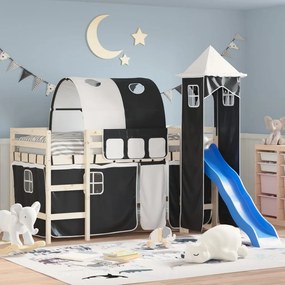 VidaXL Cortinas para cama elevada com túnel e torre branco e preto