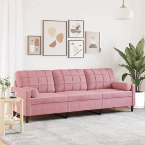 Sofá 3 lugares c/ almofadas decorativas 210 cm veludo rosa