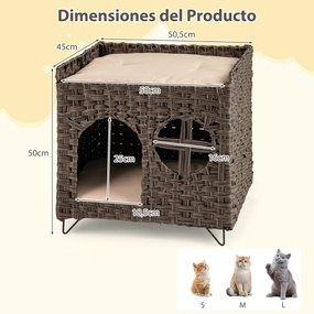 Casa de rattan para gatos de 2 andares com caverna escondida, plataforma superior e 2 almofadas macias castanho.