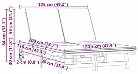 Chaise-longue dupla vidaXL com rodas e almofada de madeira maciça de a