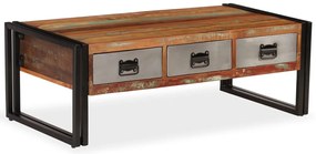 Mesa de centro 3 gavetas madeira recuperada maciça 100x50x35 cm
