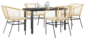 Conjunto jantar jardim 5 peças almofadas vidro vime PE castanho