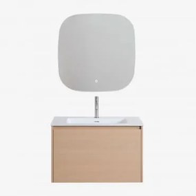 Conjunto De Móvel De Casa De Banho Suspenso 80x50 Cm Em Madeira Com Lavatório Integrado Jacob Madeira Natural & Quadrado Led - Sklum