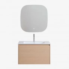 Conjunto De Móvel De Casa De Banho Suspenso Em Madeira Com Lavatório Integrado Jacob Madeira Natural & Quadrado Led E Anti-embaciamento - Sklum