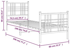 Estrutura de cama com cabeceira e pés 75x190 cm metal branco