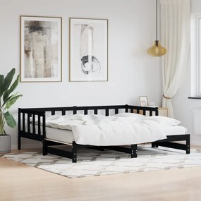 vidaXL Sofá-cama com gavetão 90x200 cm madeira de pinho maciça preto