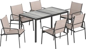 Outsunny Conjunto de Mesa e Cadeiras de Jardim de 7 Peças com Mesa com Efeito Madeira e 6 Cadeiras com Assento Respirável Caqui | Aosom Portugal