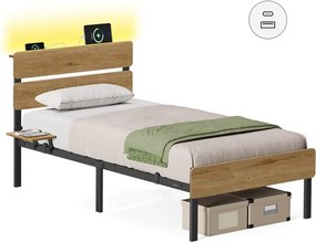 Estrutura de cama 90 x 200 cm (COLCHÃO NÃO INCLUIDO) com iluminação e estação de carregamento Castanho natural