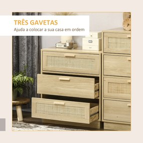HOMCOM Cómoda com 3 Gavetas de Vime Cómoda de Madeira para Dormitório Sala de Estar Estilo Boêmio 60x38x69 cm Madeira