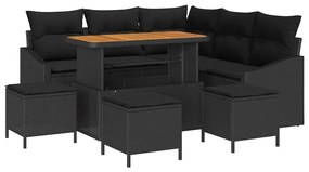 Conjunto de Sofá de Jardim vidaXL de 9 Peças com Almofadas Preto Rattan Poliacácia