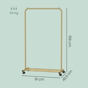 Guarda roupa aberto com rodas 40,5 x 91 x 158 cm, cabide com prateleira, 2 rodas com travão dourado