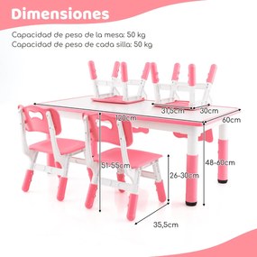 Conjunto de mesa para crianças e 4 cadeiras mesa regulável em altura com superfície de graffiti multifunções para arte e estudo Rosa