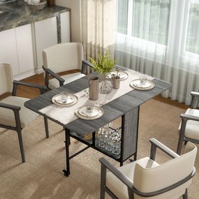Mesa de cozinha dobrável e extensível com rodas (CADEIRAS NÃO INCLUIDAS), para até 6 pessoas, com prateleira integrada, 6 rodas, cinzenta