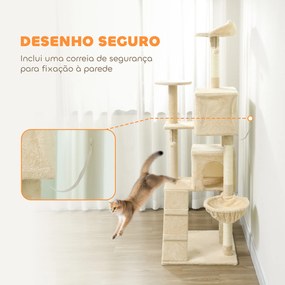 Arranhador para Gatos com Múltiplas Plataformas Cama 2 Cavernas Rede Escada Postes de Sisal 56x56x180 cm Bege