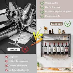 Garrafeira metálica industrial de parede para vinhos 3 níveis 4 suportes para copos Estante para garrafas para bar cozinha 80 x 20 x 63 cm Castanho