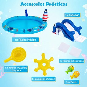 Piscina insuflável infantil 188 x 153 x 63 cm com parque aquático temático marinho, escorrega em forma de tubarão, aspersor de água e jogo de pesca pa