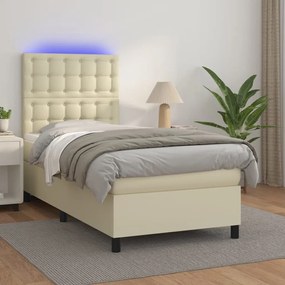 vidaXL Cama box spring c/ colchão/LED 90x200 cm couro artificial creme