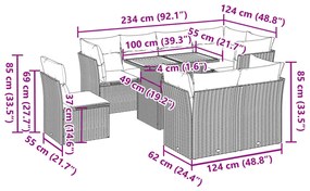 9 pcs conjunto de sofás p/ jardim com almofadões vime PE bege