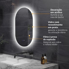 kleankin Espelho Casa de Banho com Luzes LED 81x51 cm Espelho de Parede com 3 Cores Ajustáveis Função Antiembaciamento Interruptor Tátil Horizontal ou Vertical Prata