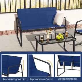 Móveis de jardim exterior 4 peças 2 cadeiras de baloiço e sofá de 2 lugares com mesa com tampo de vidro azul marinho